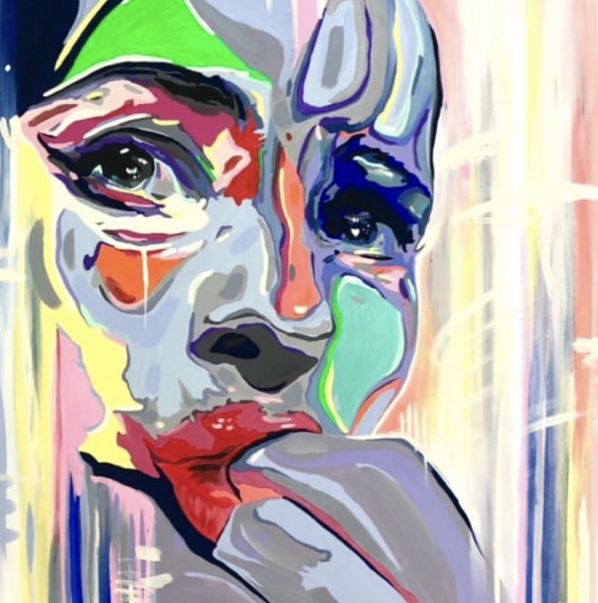 quadro artista di Genova con donna rappresentata con colori e tecniche contemporanee